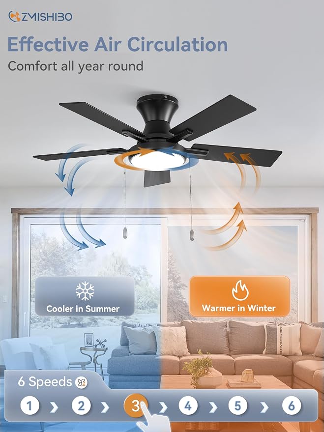 ZMISHIBO Ceiling Fans with Lights, Low Profile Ceiling Fan with Pull Chain and Remote Control, Flush Mount, Reversible, Dimmable, Noiseless, White Pull Cord Ceiling Fan for Bedroom(42inch Black)