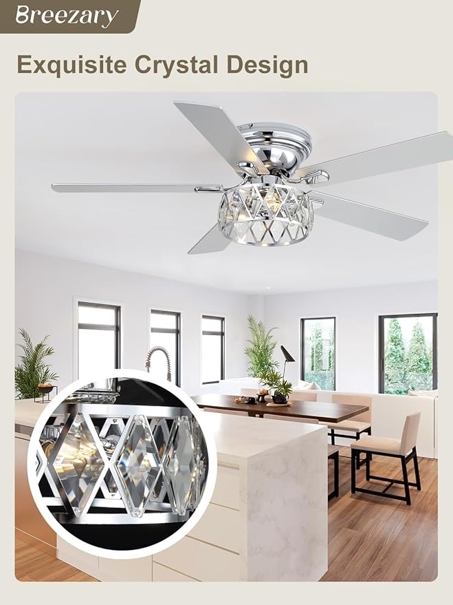 52 Inch Flush Mount Ceiling Fans with Lights and Remote, 5-Blade, 6-Speed Reversible DC Motor, Modern Low Profile Ceiling Fan Crystal Fandeliers for Bedroom Living Room Kitchen (Chrome)