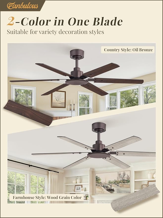 Fanbulous Ceiling Fan No Light, 48 Inch Indoor/Outdoor 6 Blades Ceiling Fan with Remote, 6-Speeds, Quiet Reversible DC Motor, Fans Without Light for Tilted Ceiling/Bedroom/Living Room/Patios, 2Pack