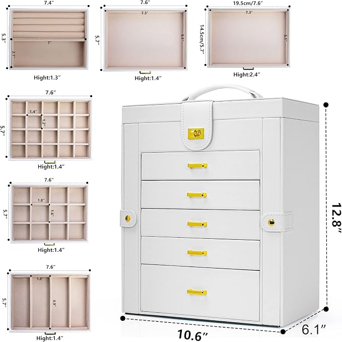 AKOZLIN 6-Tier Jewelry Box Organizer Functional 5 Drawers Leather Jewelry Storage Case for Women Girls Ring Necklace Earring Bracelet Holder Organizer with Mirror White Large
