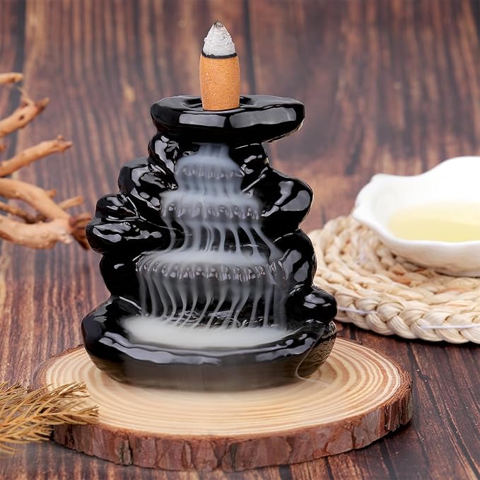 Waterfall Backflow Incense Burner Ceramic Incense Holder Incense Waterfall Fountain Incense Cone Holder, Yoga Meditation Home Decor Office Gifts(Stone)