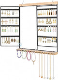 Hanging Jewelry Organizer 4-Tier Wall Earring Holder for Necklaces, Rings | Natural wood & solid metal wall jewelry rack , Dual earring grid slots & bottom hooks store earrings, bracelets
