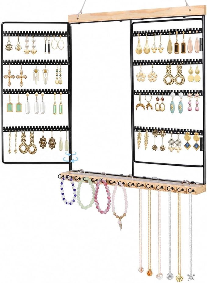 Hanging Jewelry Organizer 4-Tier Wall Earring Holder for Necklaces, Rings | Natural wood & solid metal wall jewelry rack , Dual earring grid slots & bottom hooks store earrings, bracelets
