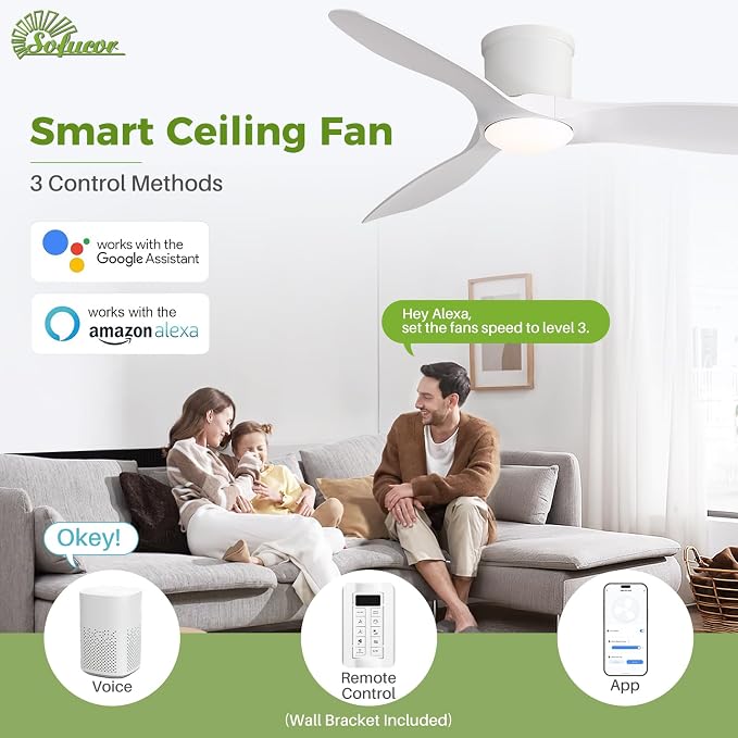 Sofucor 52 Inch Smart Ceiling Fan with Lights, Modern Low Profile Flush Mount Ceiling Fan with 6500CFM, Compatible with Alexa/Google/App, 3 Plastic Blade, Dimmable Timer Reversible DC Motor, ETL, ABS