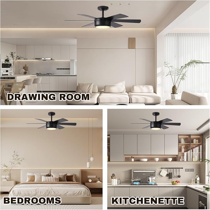 SHOWDI Black Ceiling Fans with Lights and Remote, Quick Installation, 42 in | 2 Blade Color, Metal Material, App Remote Control, Timer, Reversible, 3CCT, Dimmable for Bedroom, Living room, Indoor