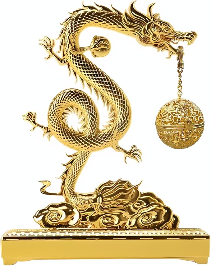 Golden Chinese Hanging Dragon Incense Burner for Sticks & Cones, 2 in 1 Brass Metal Censer with Ash Catcher, Easy to Clean with Brush, Elegant Incensario for Home Decor & Gift Box