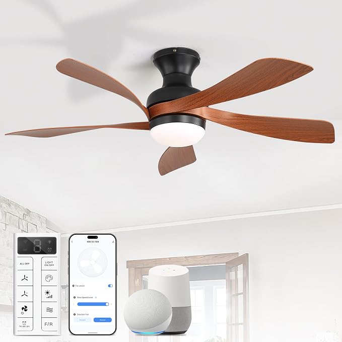 Sofucor Smart 42'' Low Profile Ceiling Fan with Lights and Remote, Flush Mount Ceiling Fan Work with APP/Alexa/Google for Farmhouse Bedroom Living Room Patio, Dimmable LED Quiet Reversible DC Motor