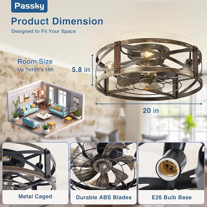 Passky 20" Farmhouse Flush Mount Ceiling Fans with Lights and Remote, Industrial Black Caged Low Profile Fandelier, 6 Speeds Bladeless Ceiling Fan for Bedroom, Kitchen, Living Room
