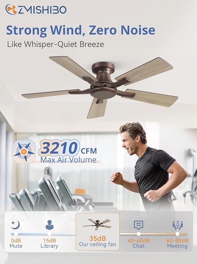 ZMISHIBO 42 Inch Ceiling Fan No Light, Flush Mount Low Profile, Farmhouse Brown Ceiling Fan Without Light, Remote Control & Quiet DC Motor, for Indoor&Outdoor, Bedroom, Living Room