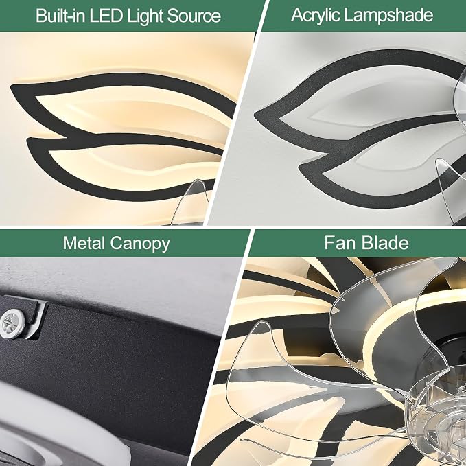 Black Flower Modern Ceiling Fans with Lights, Low Profile Ceiling Fan with Remote for Bedroom, Flush Mount Ceiling Fan with LED Dimmable Light,6-Speeds, Ceiling Fans Light