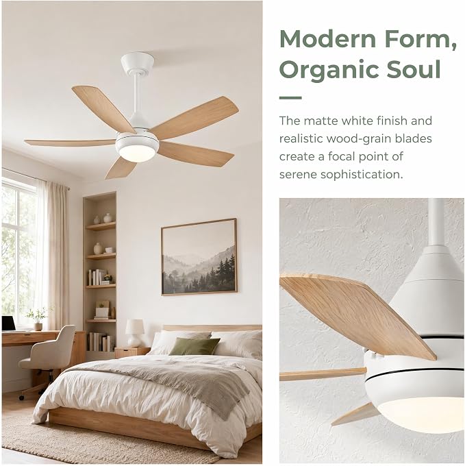 42 inch Ceiling Fan with Lights, 5 Blades, 6 Speeds DC Reversible, Dimmable, Low Profile Ceiling Fan with Light and Remote Control for Bedroom or Living Room