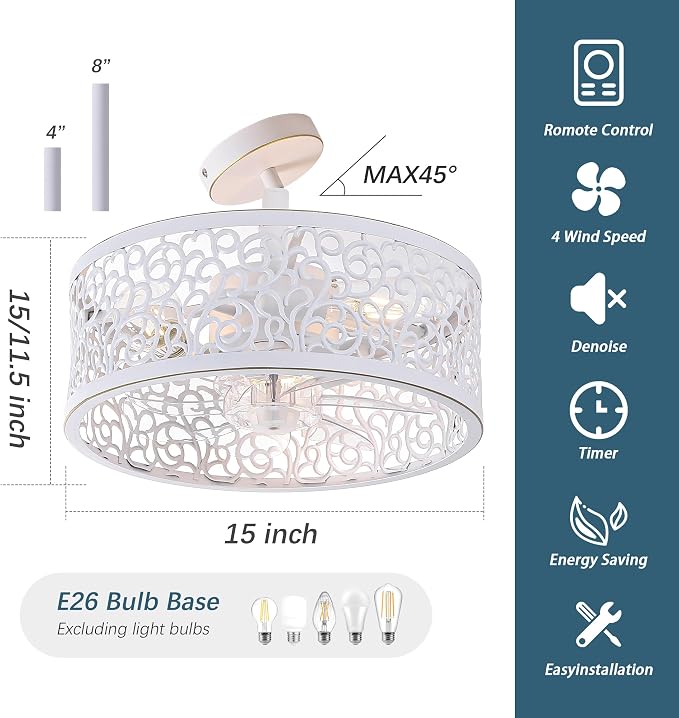 COCOSTAR Small Farmhouse Ceiling Fan with Light: 15" White Caged Fandelier | Smart Remote/APP,6 Speed,Timer,Semi Flush Mount Sloped Ceiling Light Fixture & Fan for Living Dining Kitchen Girls Bedroom