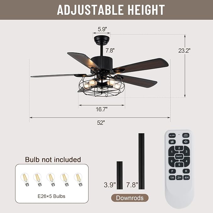 52" Industrial Ceiling Fans with Lights and Remote Control | Caged Rustic Retro Chandelier Ceiling Fan with Reversible Motor,5 Double Colour Blades for Dining Room Living Room Bedroom