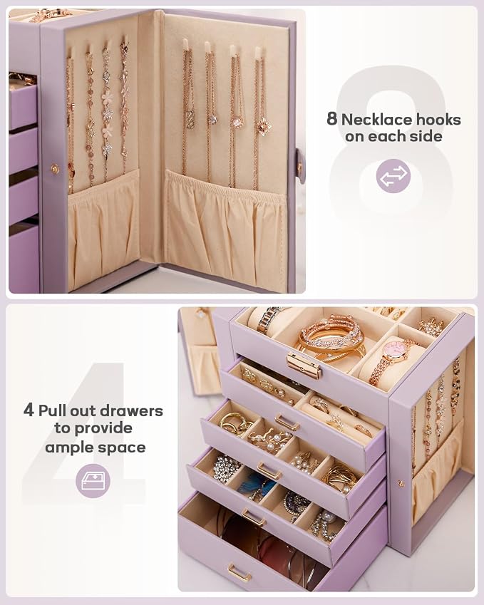 Homde Synthetic Leather Huge Jewelry Box Mirrored Watch Organizer Necklace Ring Earring Storage Lockable Gift Case (Grey Purple + Gold)