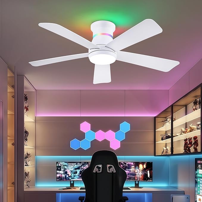 Surtime 46" White Ceiling Fans with RGB Lights - Flush Mount Ceiling Fan Light with LED 3CCT Dimmable, Modern Low Profile Ceiling Fans for Indoor Party,Covered Outdoor
