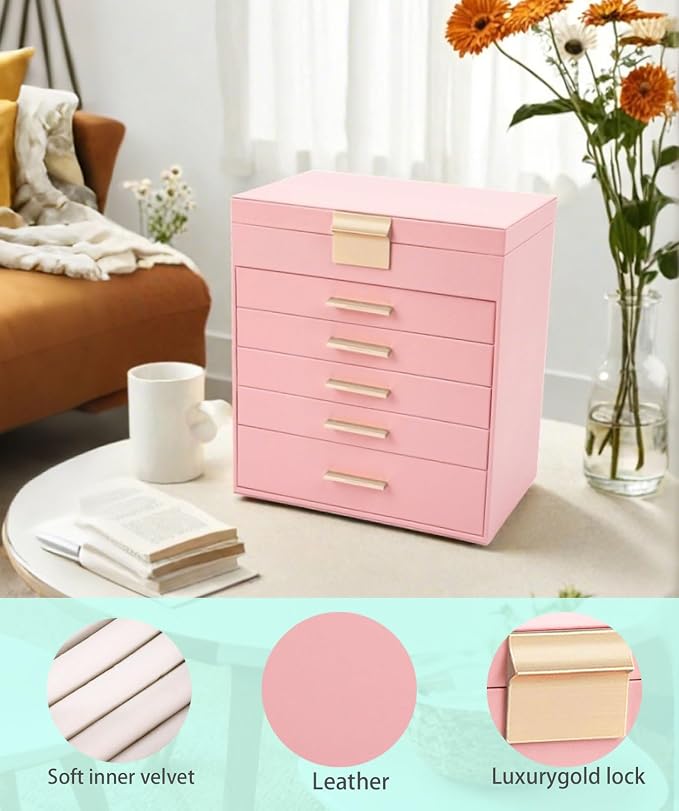 BOOVO Jewelry Boxes for Women, White and Black 6 Layer Large Jewelry Box for Necklace, Bracelet, Earrings, Rings Storage, Jewelry holder Organizer for Girls Gift (Pink, 6 layer)