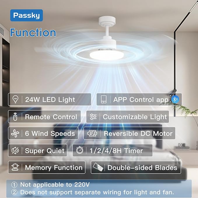 Passky Ceiling Fans with Lights, 52 inch Sleek Ceiling Fan with Light and Remote Control, 3CCT, Dimmable, Reversible, Noiseless, White Ceiling Fan for Bedroom, Living Room