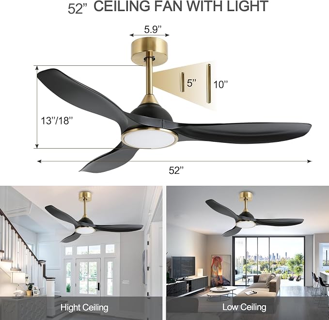 52 Inch High CFM Modern 3 Blade Black Gold Ceiling Fan with Lights Remote | Quiet DC Motor, 6 Speed, Indoor Living Room Bedroom Ceiling Fan