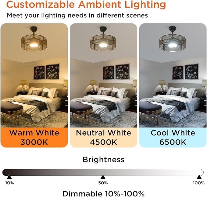 TALOYA 20 Inch Caged Ceiling Fans with Lights Chandelier Remote Control Flush Mount Low Profile for Bedroom Living Room Patio,Reversible,Buzzer Mute,Dimmable Led Light Included,Fandelier,Black Walnut