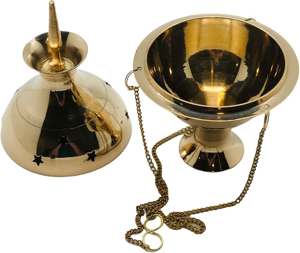 Brass Burning Hanging Censer, Charcoal Incense Burner with Charcoal Tong- Censer Incense Burner, Censer Incense Burner with Chains 7" High and 3.5" Diameter (Incense Burner)