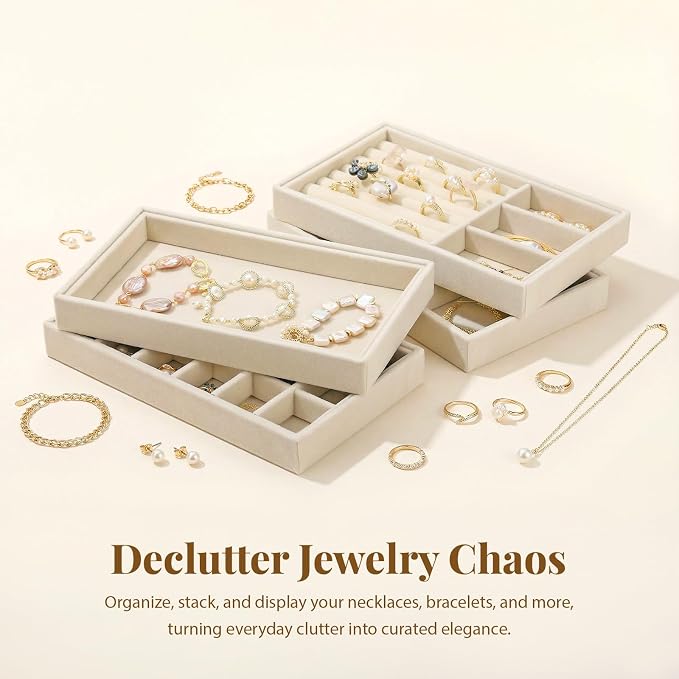 Elsjoy 8 Pack Velvet Jewelry Trays, Stackable Jewelry Organizer Trays for Drawers, Beige Jewelry Storage and Display Tray Inserts for Necklaces, Rings, Earrings