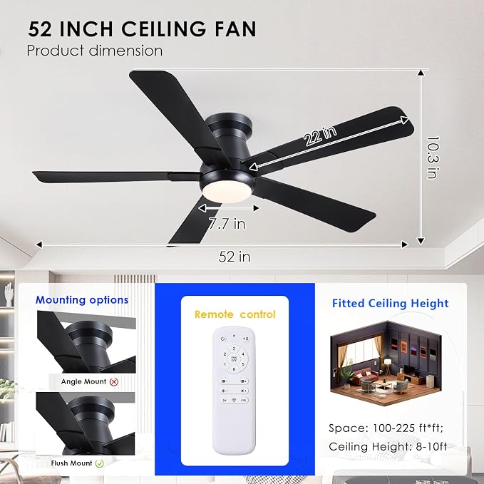 Hounberi 52" Flush Mount Ceiling Fan with Lights and Remote, Modern Black Low Profile Ceiling Fan, Quiet Reversible DC Motor, 3CCT Dimmable LED, Ideal for Bedroom, Living Room and Low Ceilings, Black
