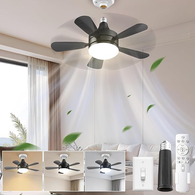 17.7" Socket Fan Light, Stepless Dimmable 3000K-6500K Small Ceiling Fans with Lights and Remote, 3000 Lumens E26/E27 Light Bulb Fan with Reversible Motor, for Bedroom Garage Kitchen Living Room