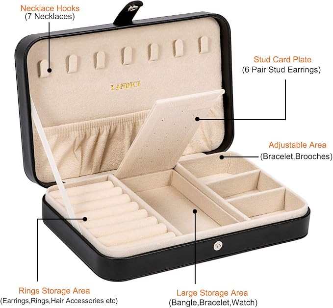 LANDICI Small Jewelry Box for Women Girls, PU Leather Travel Jewelry Case, Portable Jewelry Organizer Storage Holder Display for Ring Earrings Necklace Bracelet Bangle Men Kids Gift, Black