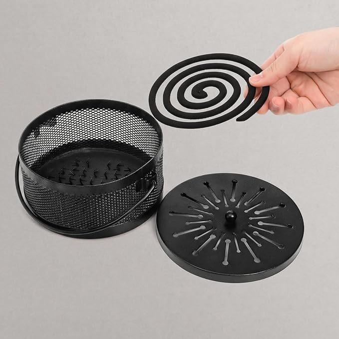 Elsjoy 2 Pack Mosquito Coil Holder with Lid and Handle, Portable Incense Coil Burner Metal Mosquito Incense Holder for Indoor & Outdoor Camping
