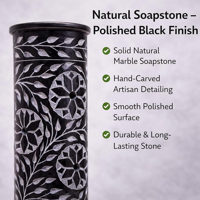 Hand Carved Marble Soapstone Incense Stick Holder – Black Incense Burner with Ash Catcher Base, Tea Light & Camphor Holder, Decorative Home & Puja Decor (3 x 3 x 10 Inch).
