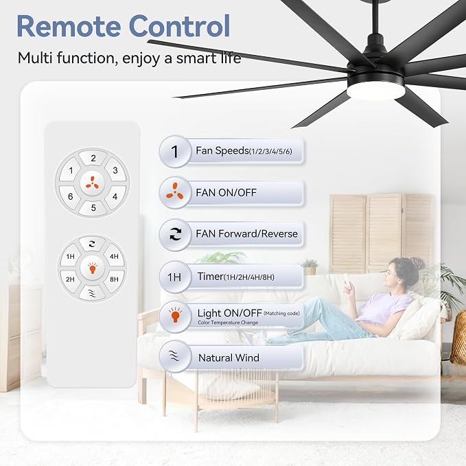 72 inch Ceiling Fans with Lights and Remote, 8 Reversible Blades, 6-Speed Quiet DC Motor, Timer, 3 Color LED Light, 2 Downrods, Industrial Black Indoor Ceiling Fan Fandeliers for Bedroom Living Room