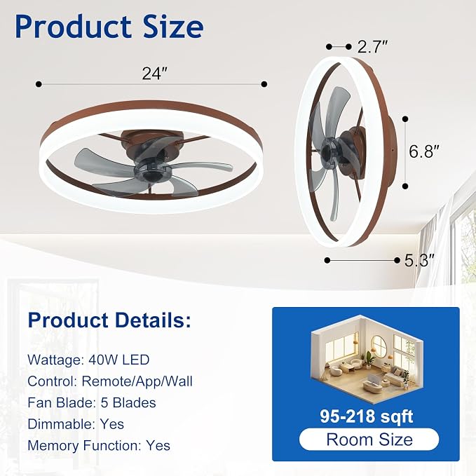 DLLT Bladeless Ceiling Fans with Lights: 24 Inch Modern Flush Mount Low Profile Ceiling Fan with APP Remote Control - Brown Enclosed LED Fandelier Dimmable Quiet DC Motor for Bedroom Living Room