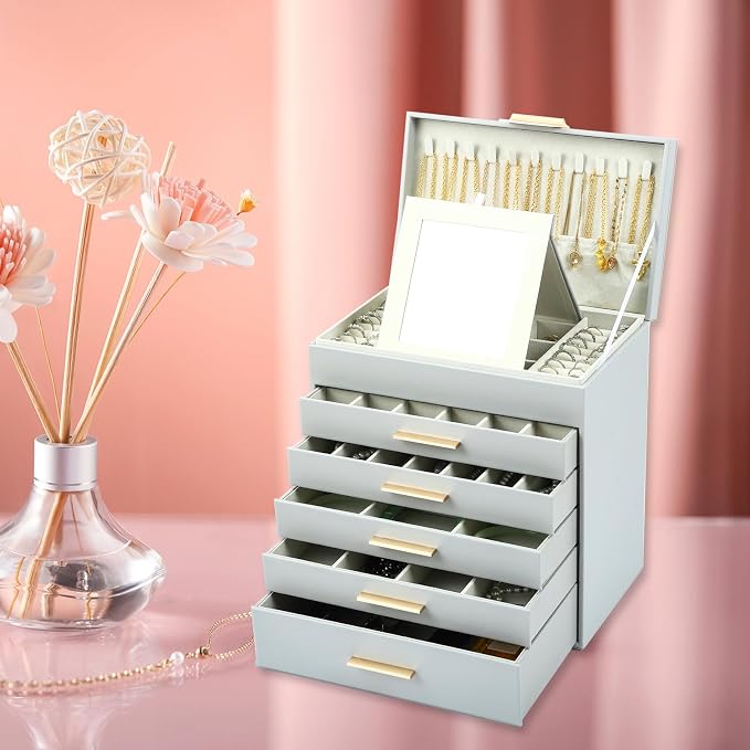 BOOVO Jewelry Boxes for Women, White and Black 6 Layer Large Jewelry Box for Necklace, Bracelet, Earrings, Rings Storage, Jewelry holder Organizer for Girls Gift (Grey and Gold, 6 layer)