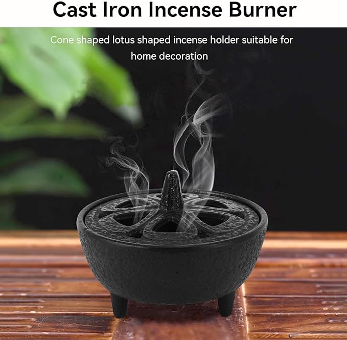 Cast Iron Incense Burner, Lotus Shaped Holder for Cones, Sticks, Coils, Sage and Frankincense - Retro Metal Container With Ash Catcher
