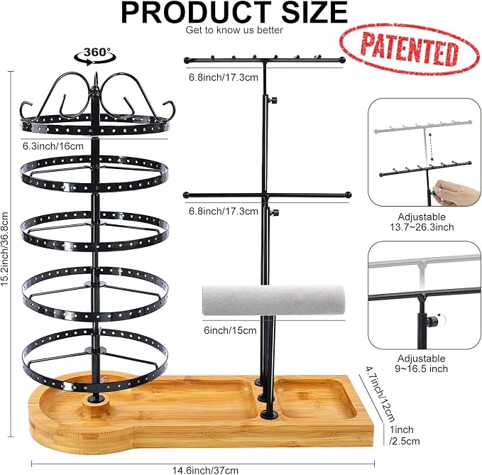 Jewelry Organizer Stand with Bamboo Base, Metal Rotating Earring Holder Organizer, Multi-Functional Adjustable Necklace Holder Rack Bracelet Watch Holder for Jewelry Earrings Ring