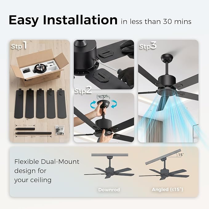 Obabala Outdoor Ceiling Fan No Light, 52 Inch Black Modern Ceiling Fan Without Light, Dual Finish 5 Blades,6 Speed, Reversible Quiet DC Motor for Patios, Garage, Bedroom, Porch