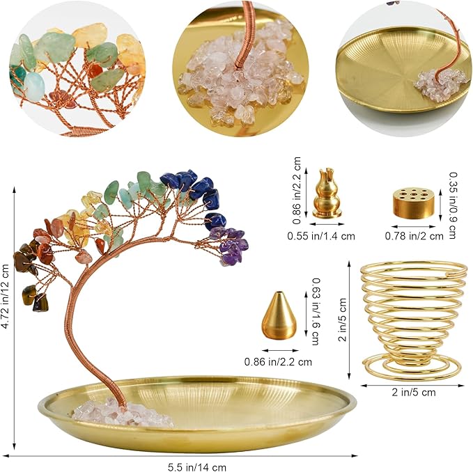 5 in 1 Incense Burner, 7 Chakra Crystal Tree Incense Holder Palo Santo Holder Sage Burner for Incense Sticks Brass Ash Catcher for Yoga Meditation Home Decor