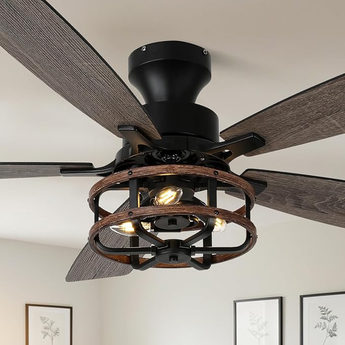 52 Inch Flush Mount Farmhouse Ceiling Fan with Light and Remote Control | 5 Reversible Blades Low Profile Ceiling Fans with 3-Light 6 Speeds 3 Timing for Living Room Bedroom Kitche