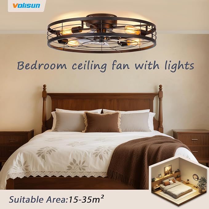 VOLISUN 27.6'' Caged Ceiling Fan with Light and Remote,Rustic Low Profile Ceiling Fan with Light Flush Mount, Farmhouse Bladeless Fandelier Ceiling Fans with Lights for Kitchen,Bedroom-Black