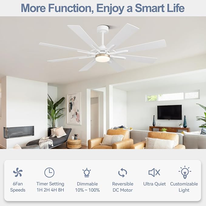 72 Inch Smart Ceiling Fan with Light and Remote, White Ceiling Fan with Quiet Reversible DC Motor, Compatible with Alexa/Google, 3CCT Dimmable Large Indoor/Outdoor Ceiling Fans for Patio Garage