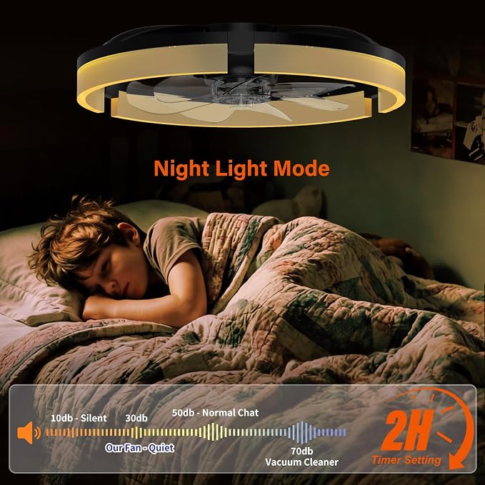 Ceiling Fans with Lights and Remote, 20'' Low Profile Ceiling Fan with APP Control, 3000K-6500K Dimmable, Quiet Reversible DC, Modern Flush Mount Fandelier for Bedroom (Black-Frosted)