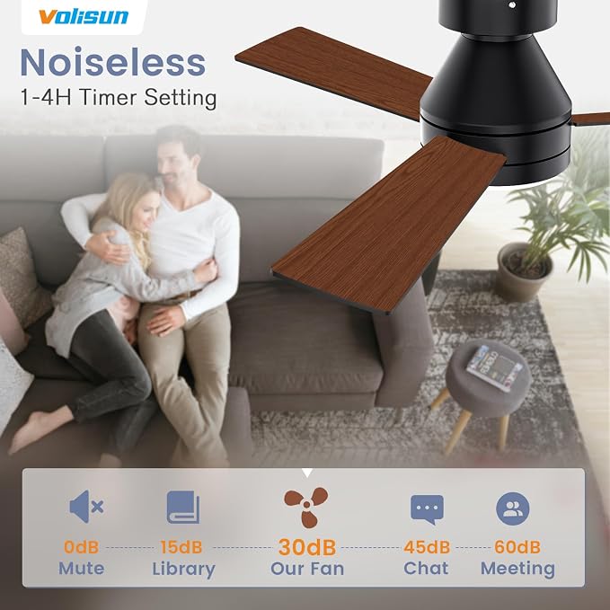 VOLISUN Ceiling Fans with Lights Flush Mount, 42 inch Low Profile Ceiling Fan with Light and Remote, Queit & Reversible Motor,3CCT, Dimmable, Black Modern Ceilings Fans for Bedroom, Living Room