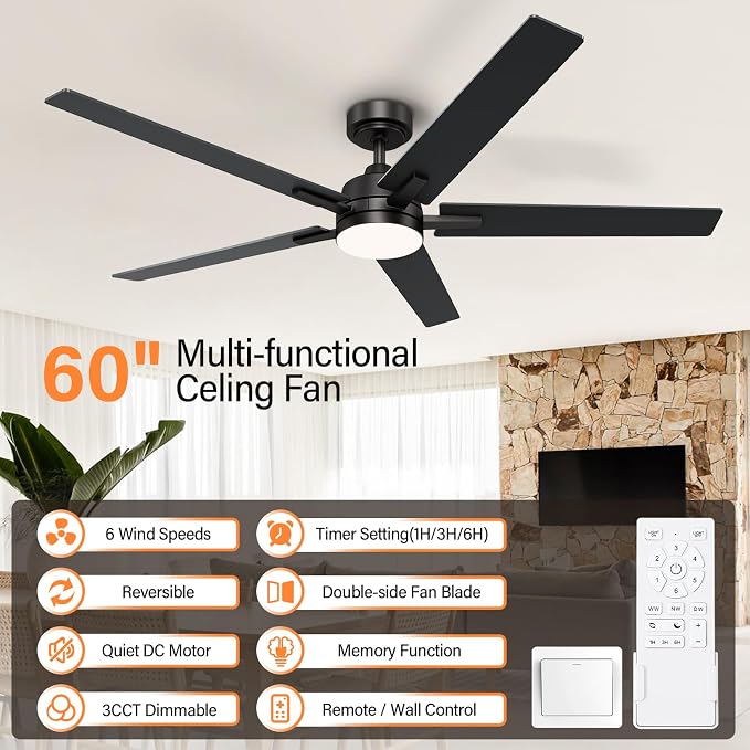 60 Inch Black Ceiling Fans with Lights and Remote, Reversible, 3CCT, Dimmable, Noiseless, Large Ceiling Fan for Bedroom, Living Room and Patio, Indoor/Outdoor Use