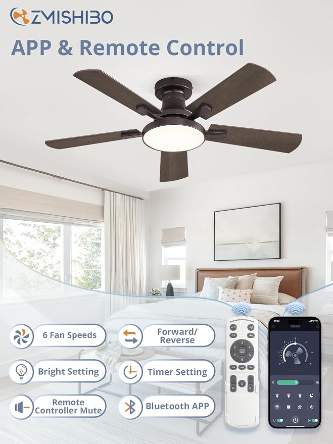 ZMISHIBO 42 Inch Flush Mount Ceiling Fan with Light, Remote&APP, Oil Bronze | 6-Speed Quiet DC Motor, Dimmable 24W LED with 3CCT (3000K-6500K), Modern Low Profile for Living Room, Bedroom, Kitchen