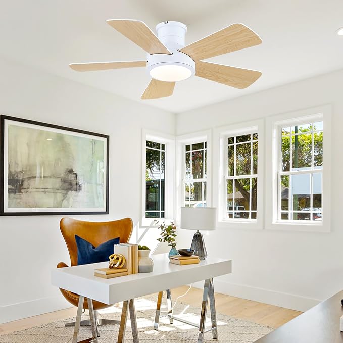 Hounberi 40" RGB Ceiling Fan with Light and Remote, White Low Profile Flush Mount Smart Fan with App Control, Quiet Reversible DC Motor, Modern Dimmable 5-Blade for Bedroom Living Room