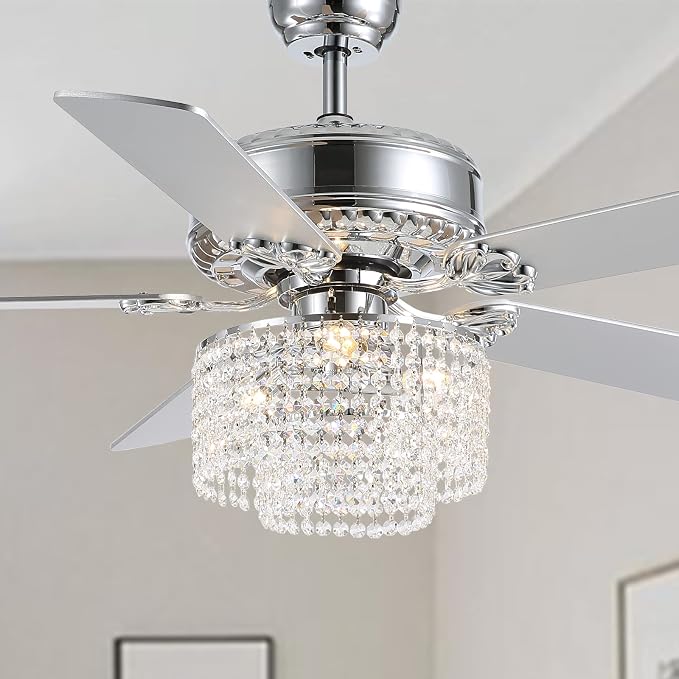 52 Inch Crystal Ceiling Fan with Light and Remote Control, Modern Chandelier Fan with 5 Reversible Wood Blades Chrome Fandelier for Living Room Bedroom (Fine line Crystal-Ceiling Fan)
