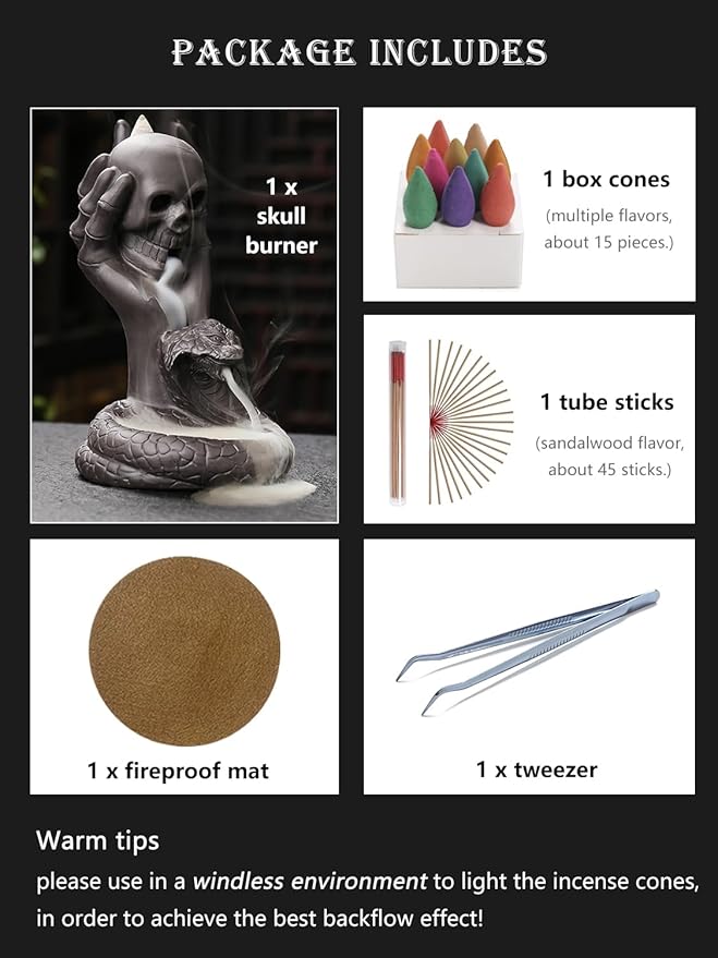 Skull Snake Incense Burner Holder - Backflow Waterfall Cone Incense Holder, Ceramic Unique Skeleton Incense Burner with Cones & Sticks for Halloween/Aromatherapy/Yoga/Home/Room/Office Deco