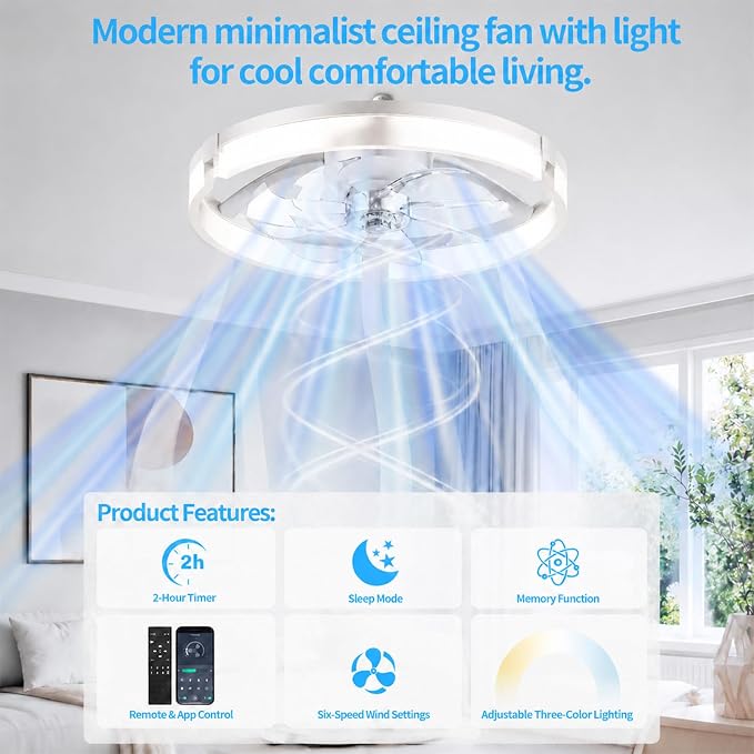 Ceiling Fans with Lights and Remote, 20'' Low Profile Ceiling Fan, 1-6 Wind Speeds, 3000-6500K Dimmable Flush Mount LED Fan Light, Modern Fandelier Ceiling Fans for Bedroom