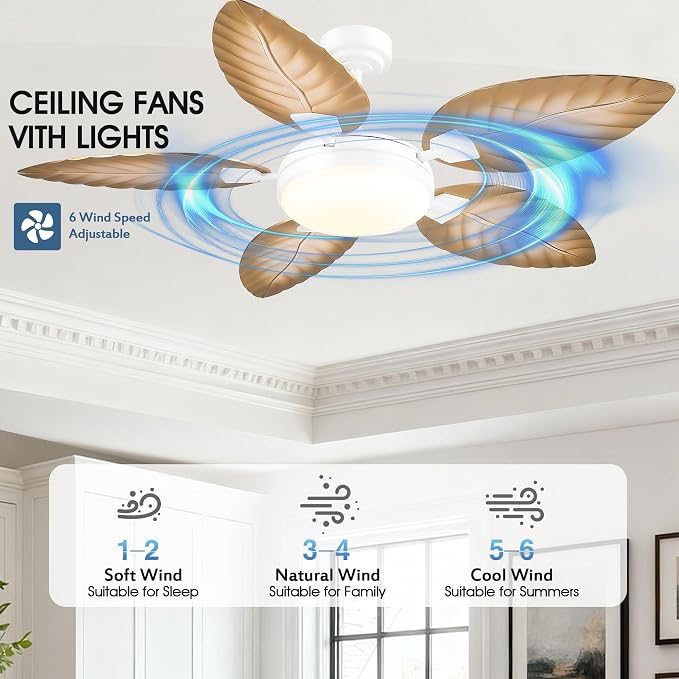 GJeg Tropical Ceiling Fans with Lights and Remote,52Inch Outdoor Palm Leaf Ceiling Fan for Patios Porch Bedroom, Dimmable LED Light, 6 Speeds, Reversible,Light Brown