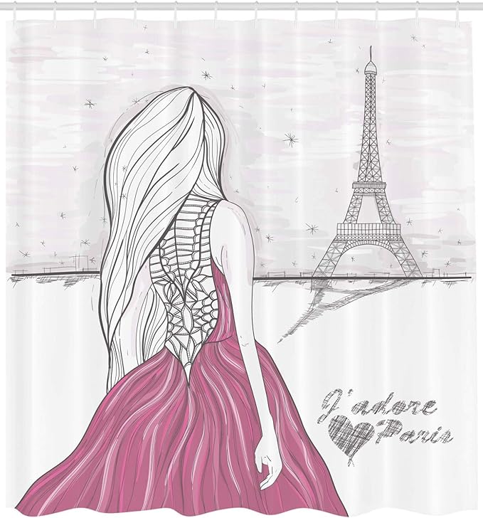 Ambesonne Paris Shower Curtain, Romantic Dramatical Lady Looks at The Eiffel Tower Love Themed Sketch Drawing Style Illustration, Cloth Fabric Bathroom Decor Set with Hooks, 69" W x 70" L, White Pink